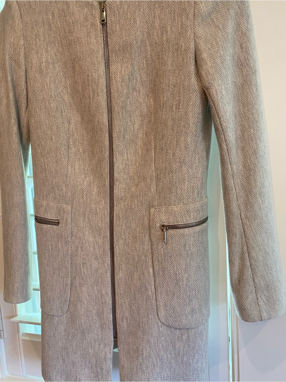 Zara Womens Neutral Herringbone Zip-Front Blazer